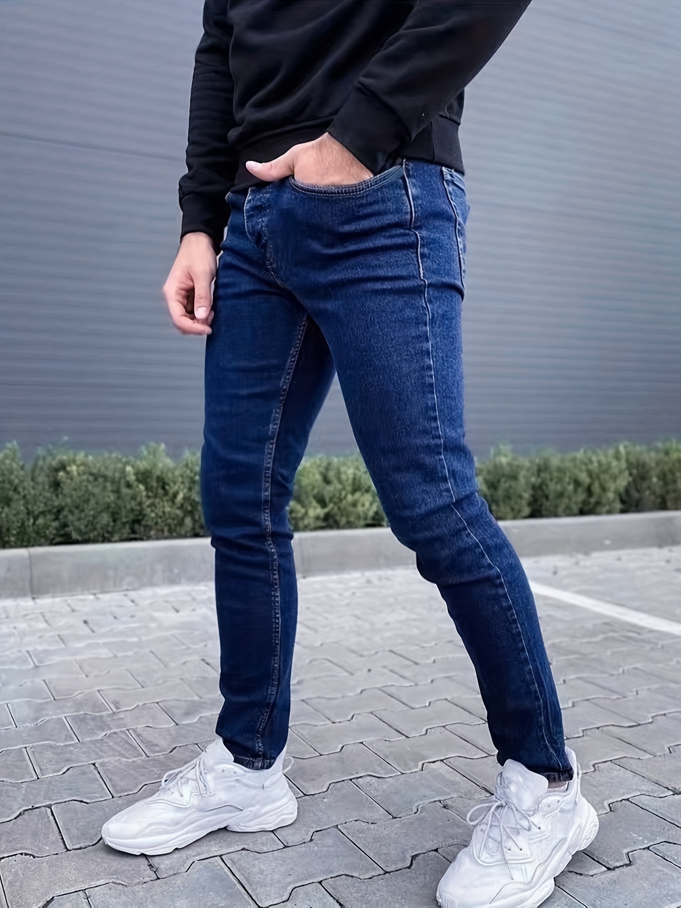 Jeans Slim Fit Color Sólido Estilo Callejero Hombres ¡ideal - Temu