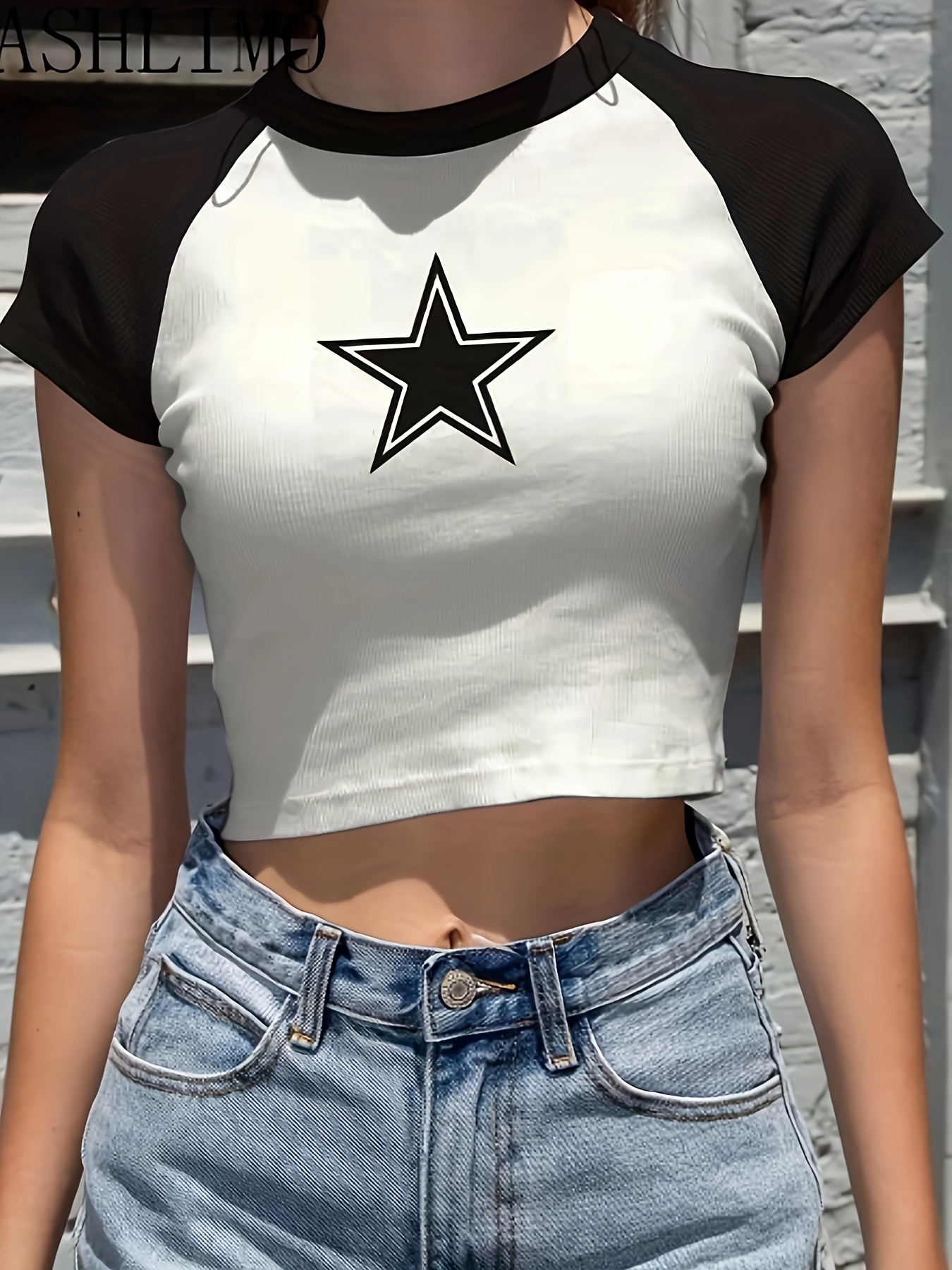Star Print Color Block T-shirt, Y2K Short Sleeve Crew Neck Crop Top,  Women's Clothing