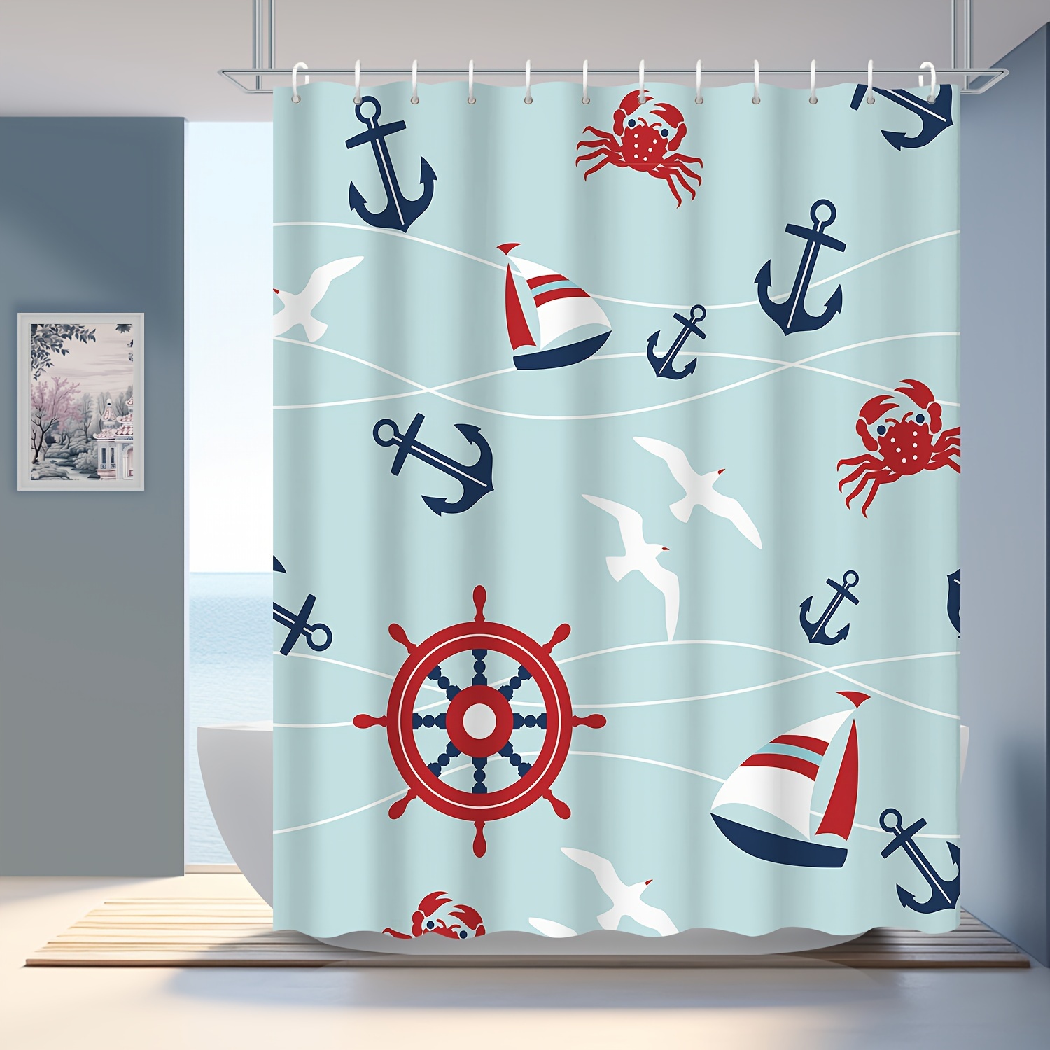 1pc Sailboat Anchor Crab Printed Shower Curtain, Waterproof Shower Curtain  With Hooks, Blue Decorative Bathtub Partition Curtain, Bathroom Decor, Bath