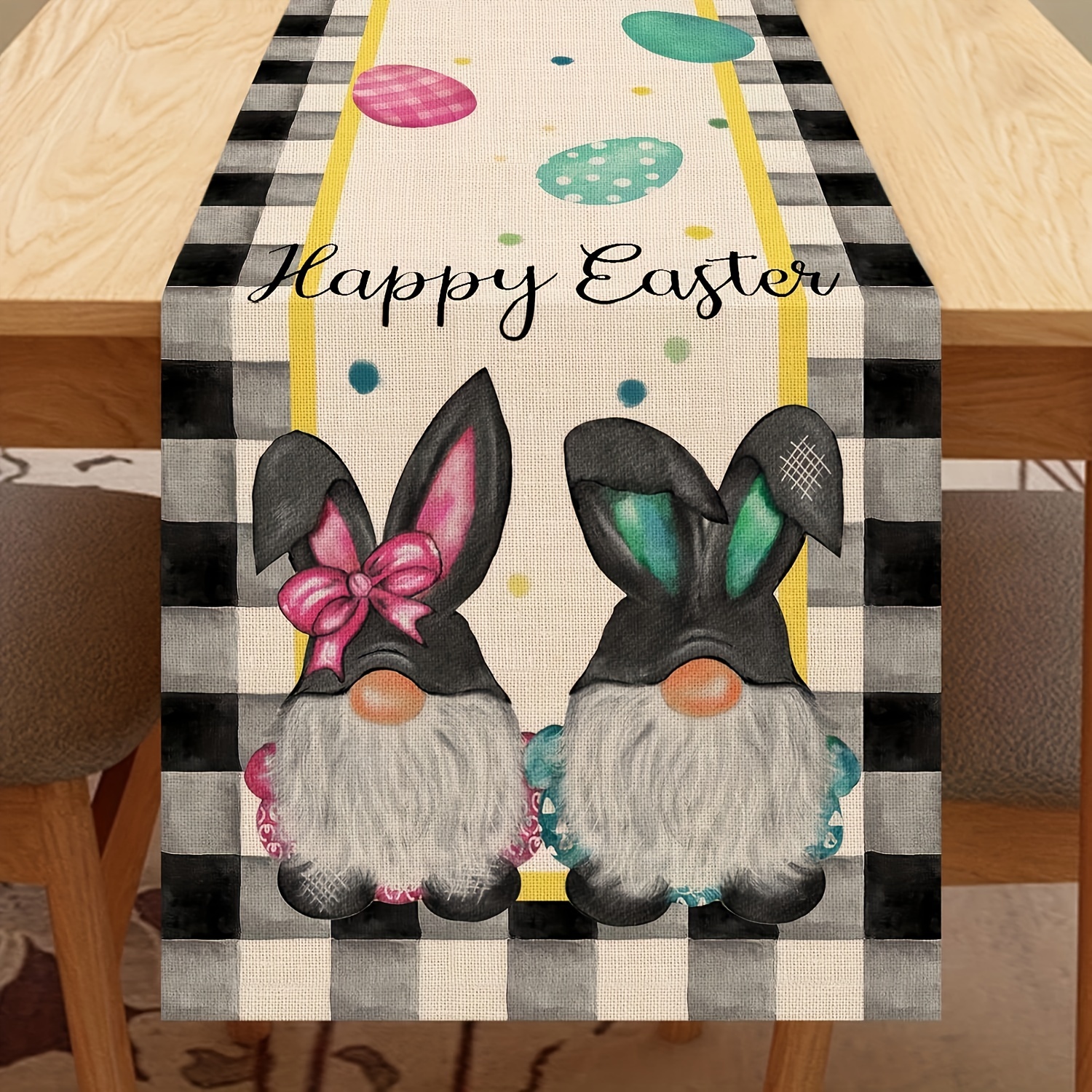 Image of 1pc Bunny Gnome Eggs Table Runner, Black Kitchen Holiday Rabbit Decor, Spring Farmhouse Polka Dots Dining Decorations Party Supply 13 X 48 Inch/13 X 72 Inch/13 X 108 Inch