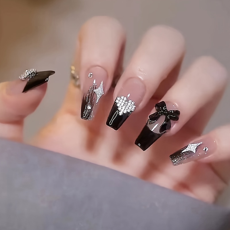 

24pcs Long Ballerina Shape Press On Nails, Fake Nail With 3d Bow Decor, Glitter Full Cover Nails For Women