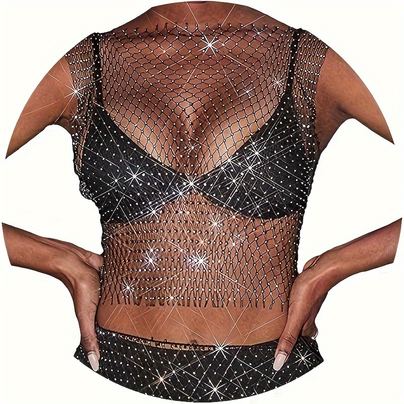 Rhinestone Mesh Top Black Sparkly Vest Crop Top Body Chain - Temu