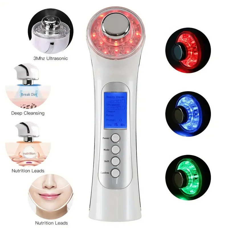 ultrasonic ion import export beauty instrument deep facial cleansing color light skin rejuvenation face machine all in one lifting tightening face massager gift for girls and women details 0
