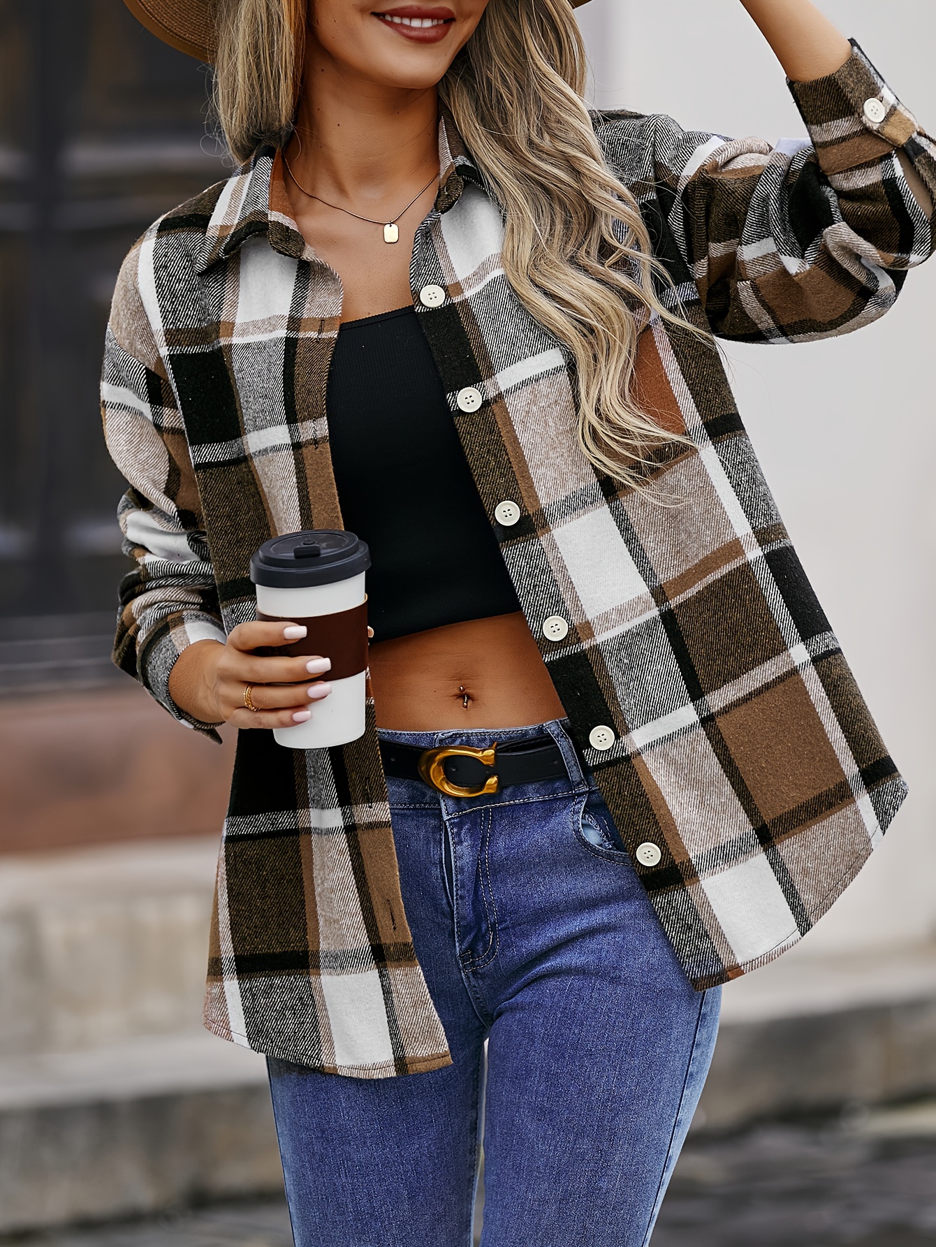 Plaid Color Block Blouse Casual Long Sleeve V neck Blouse - Temu