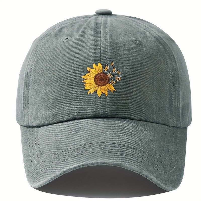 1pc Unisex Sunshade Washed Distressed Baseball Cap With Sunflower Pattern For Outdoor Sport, For Gifts