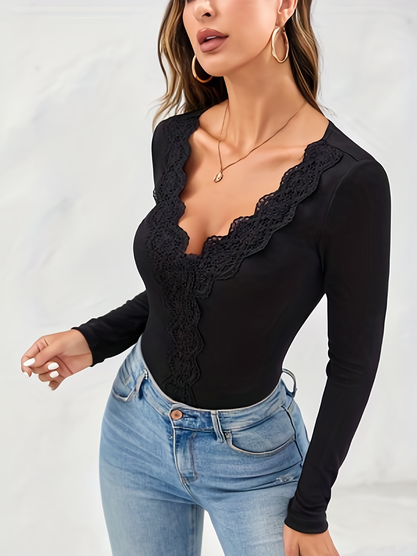 Chicme Women Long Sleeve Deep V-Neck Lace Bodysuit Autumn Solid Black One  Piece Bodysuit Sexy Skinny See Through Ladies Tops - AliExpress