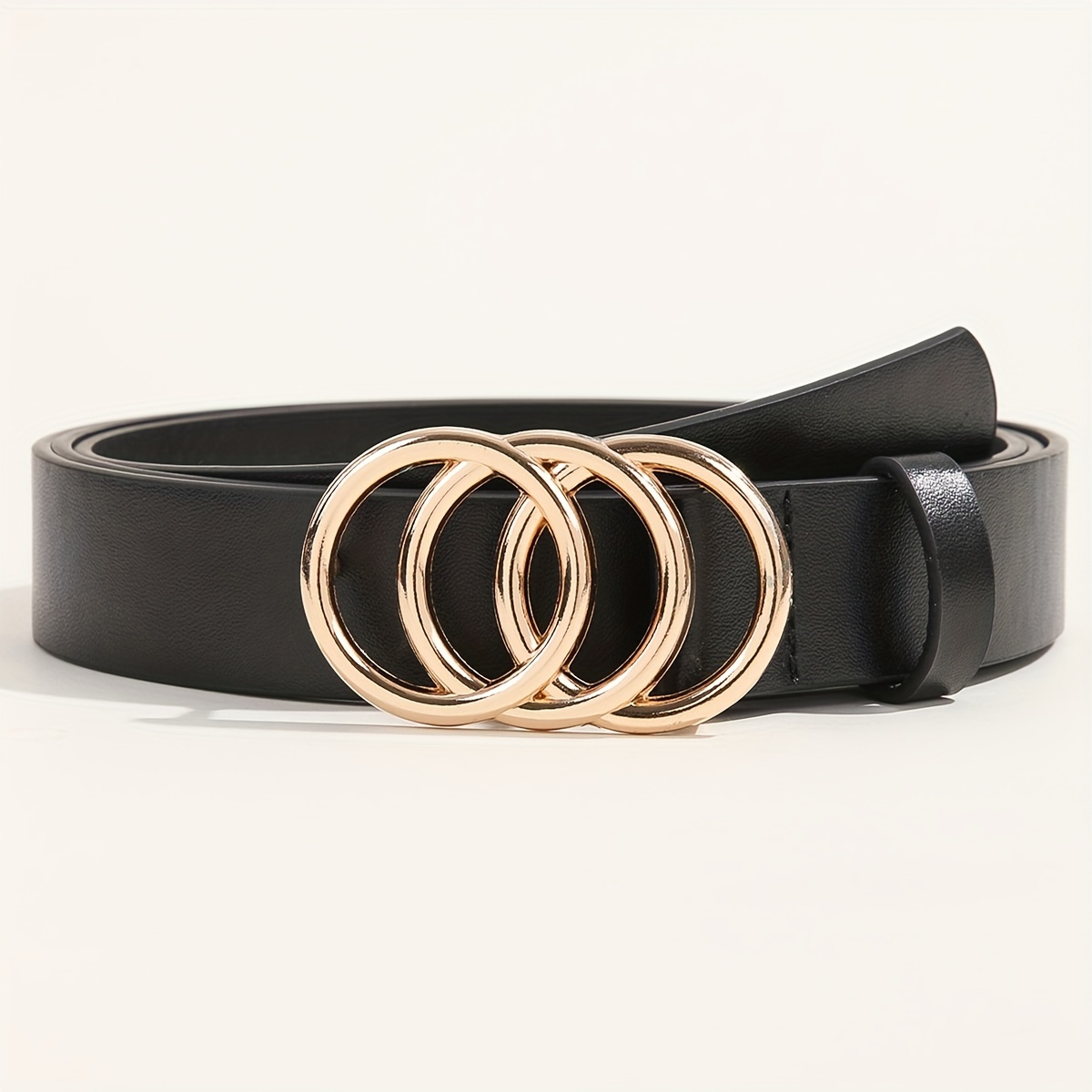 Golden Triple Ring Buckle Belts Simple Solid Color Pu - Temu