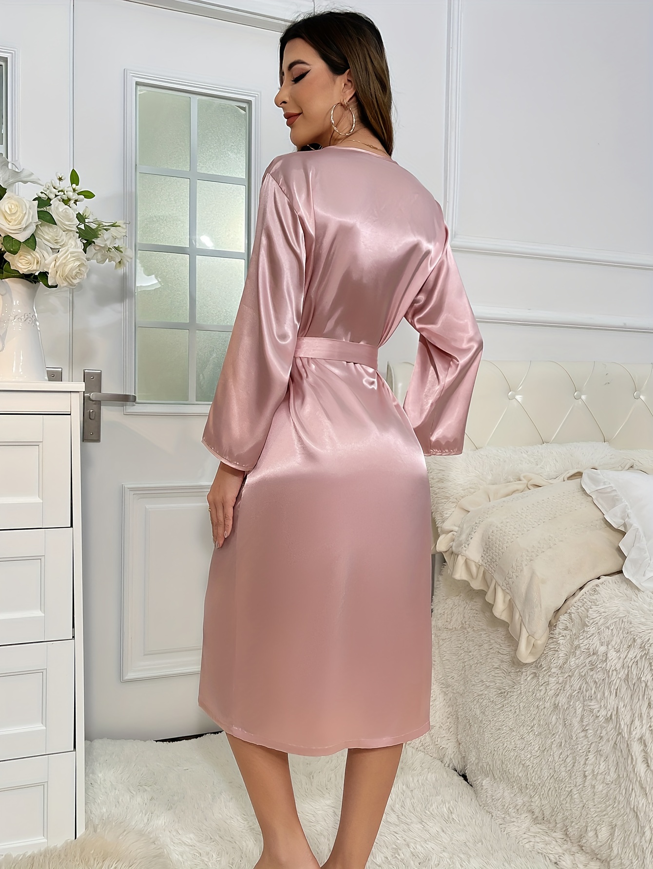 Solid Satin Night Robe Long Sleeve V Neck Robe Belt Women's - Temu