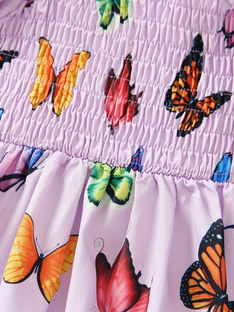toddler girls puff sleeve frill trim shirred colorful butterfly graphic princess dress for party beach vacation cute romantic kids summer clothes details 1