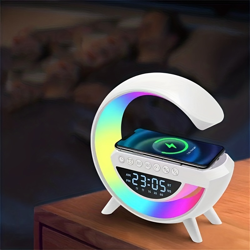 Mini G Shaped Wireless Speaker and Charger,Portable LED Wireless Charging  Speaker, Atmosphere Lamp with Wireless Charging Function,Wake-Up Light and