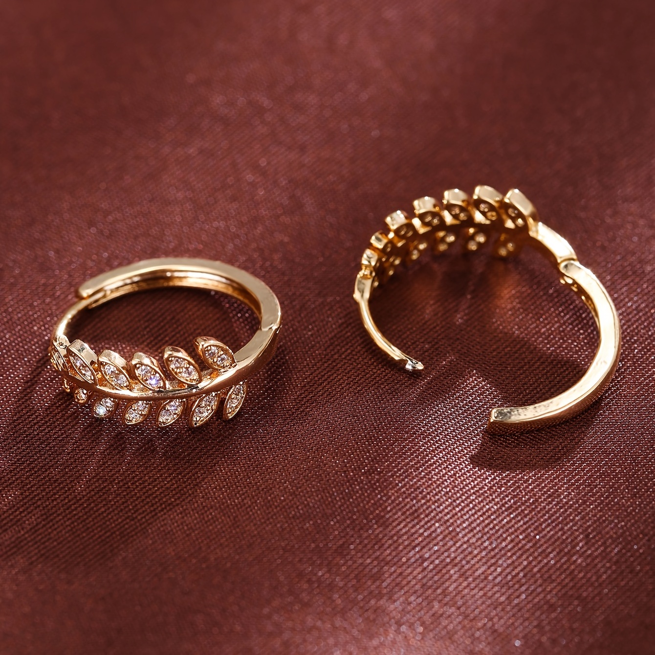 Leaf Shaped Hoop Huggie Earrings Inlaid Zircon