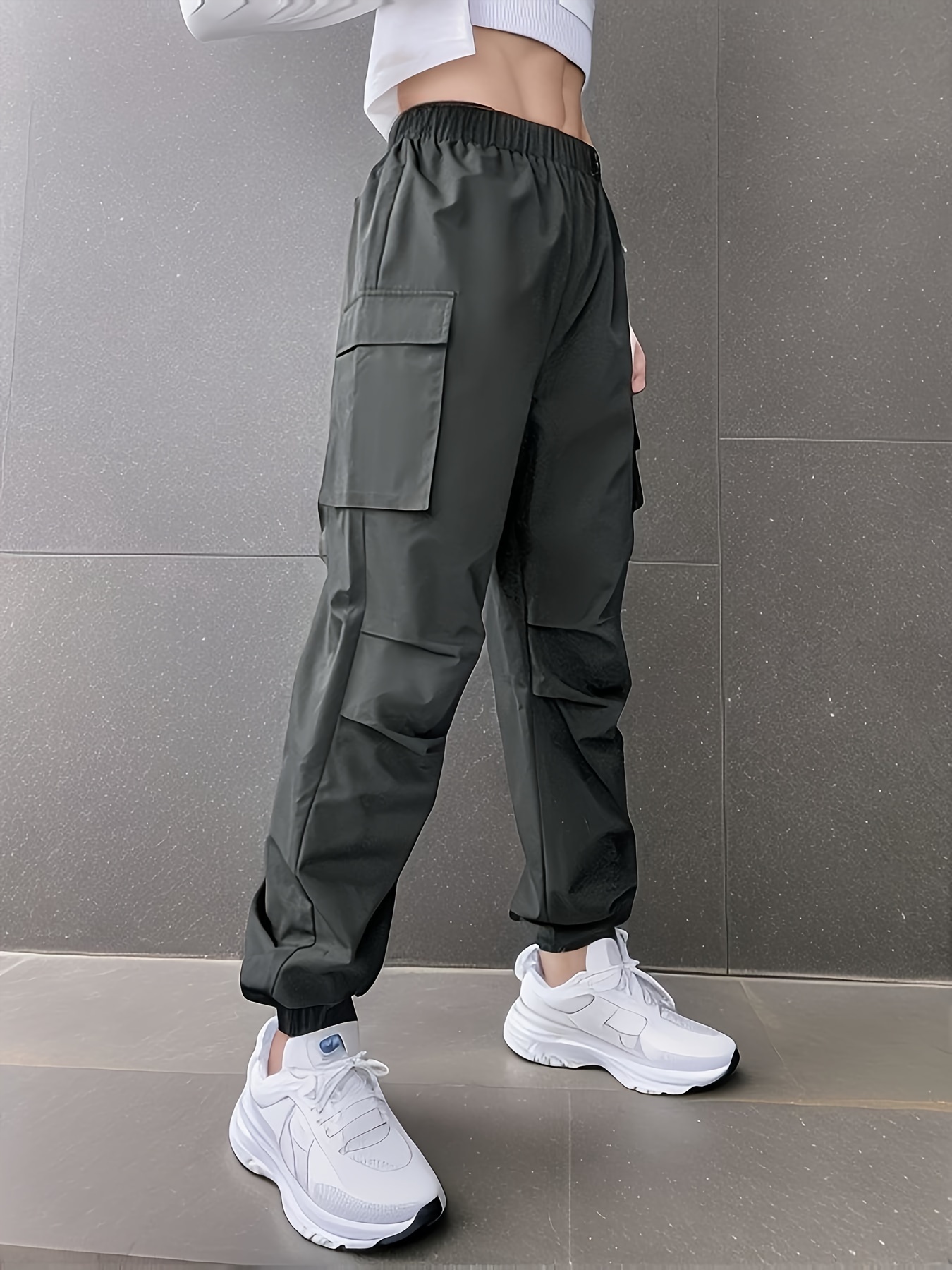 Solid Jogger Cargo Pants, Casual Flap Pocket Elastic Waist Loose Pants,  Women's Clothing