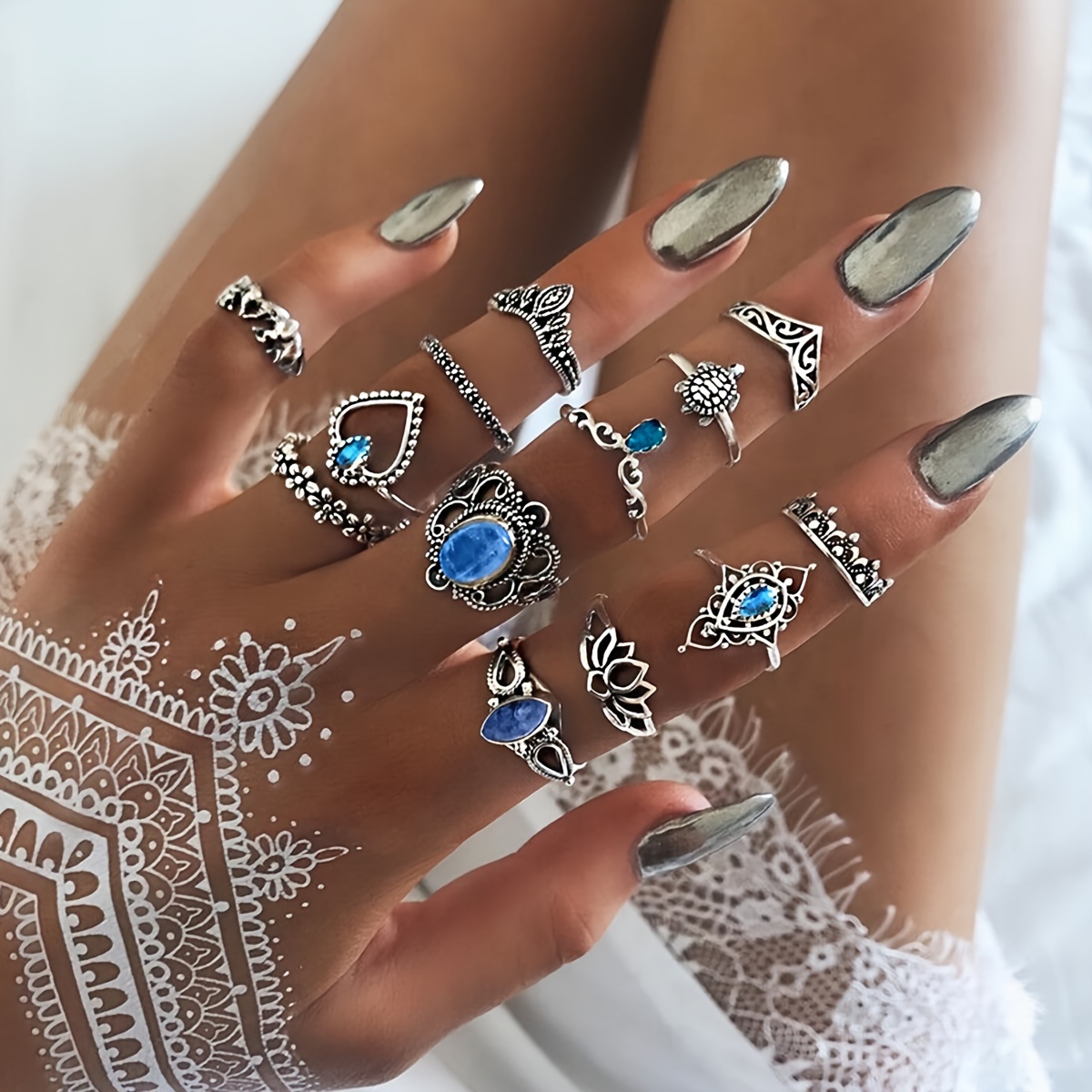 

13pcs Vintage Stacking Rings Retro Crown Turtle Lotus Design Inlaid Gemstone Mix And Match For Daily Outfits Party Accessories