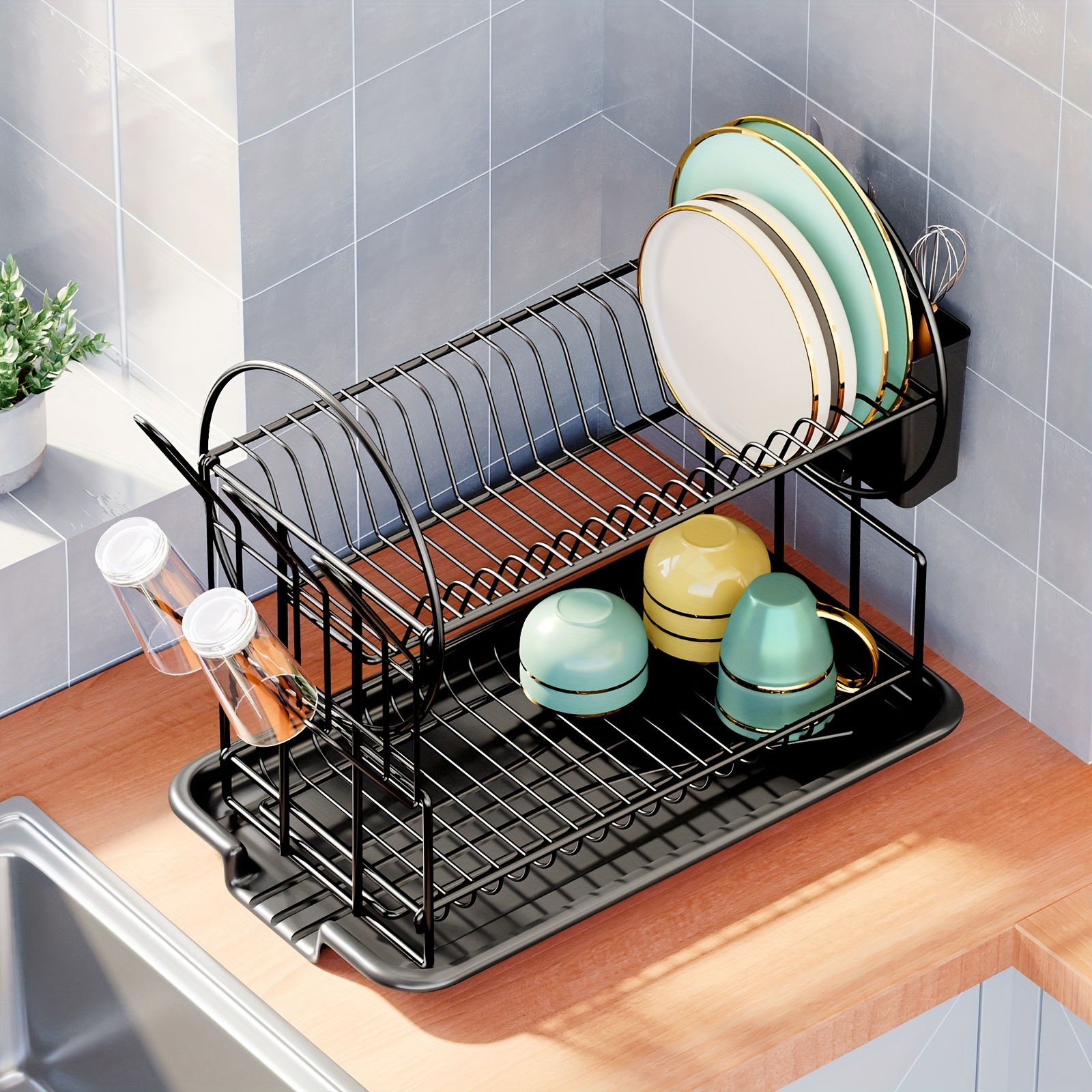 Dish Drying Rack, 2-Tier Dish Rack with Utensil Holder, Dish Drainer for Kitchen  Counter Cabinet, Single Slot 