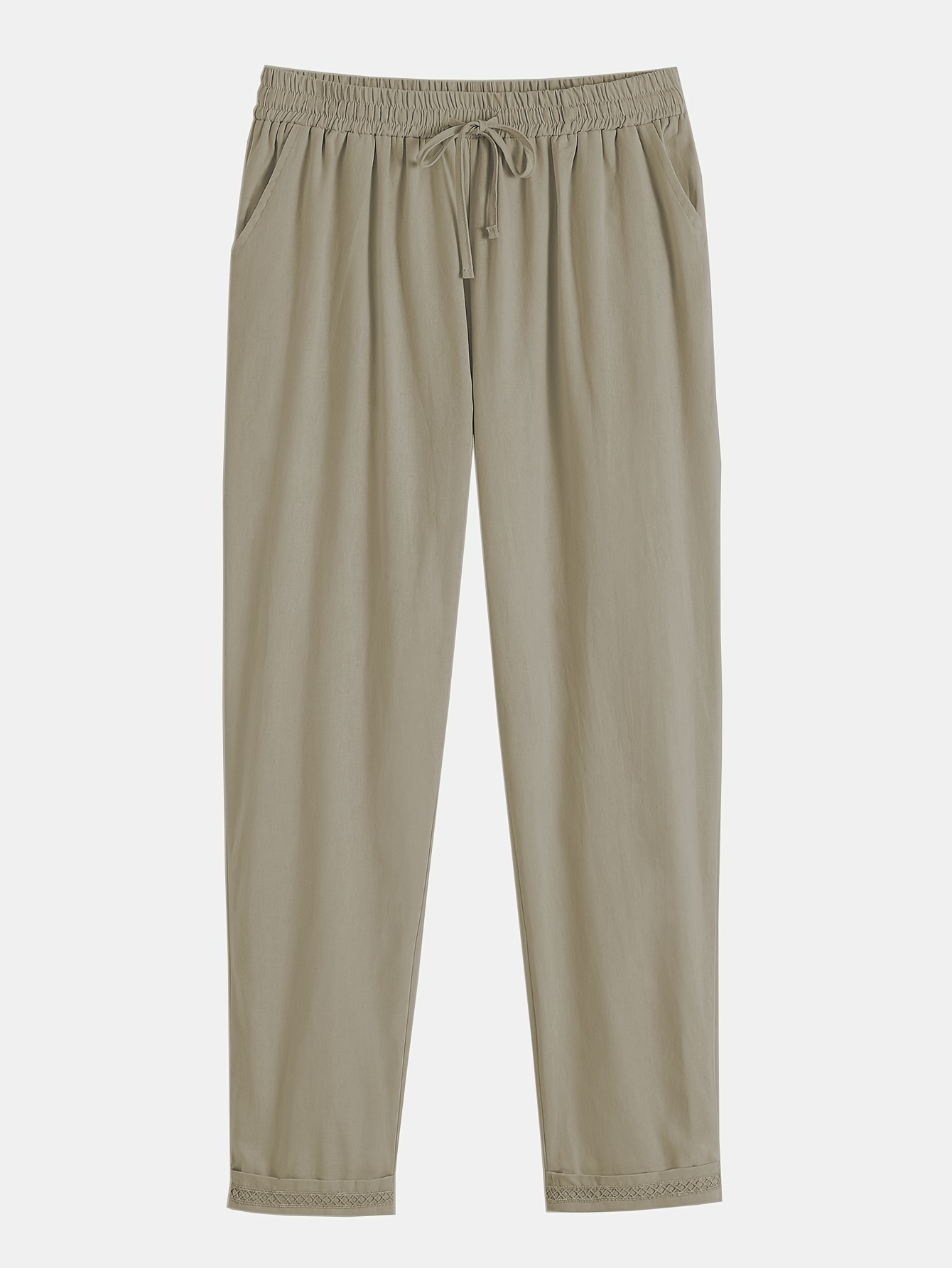 Solid Drawstring Waist Cotton Pants Casual Slant Pocket Slim - Temu Canada