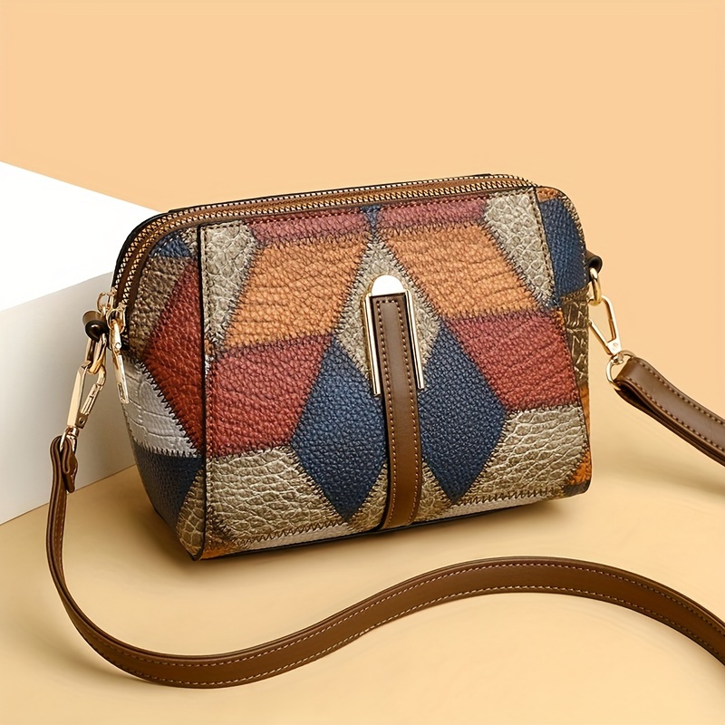 

Colorblock Rhombus Pattern Crossbody Bag, Retro Mini Shoulder Bag, Women's Fashion Zipper Every Day Purse