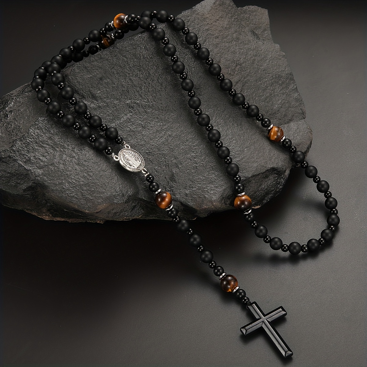 Trendy Black & Yellow Tiger Eye Beaded Pendant Necklace