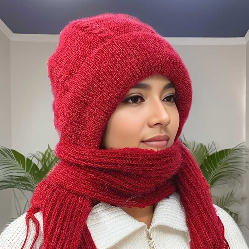 Solid Color Textured Twist Knitted Hat Neck Cover Ear - Temu Canada