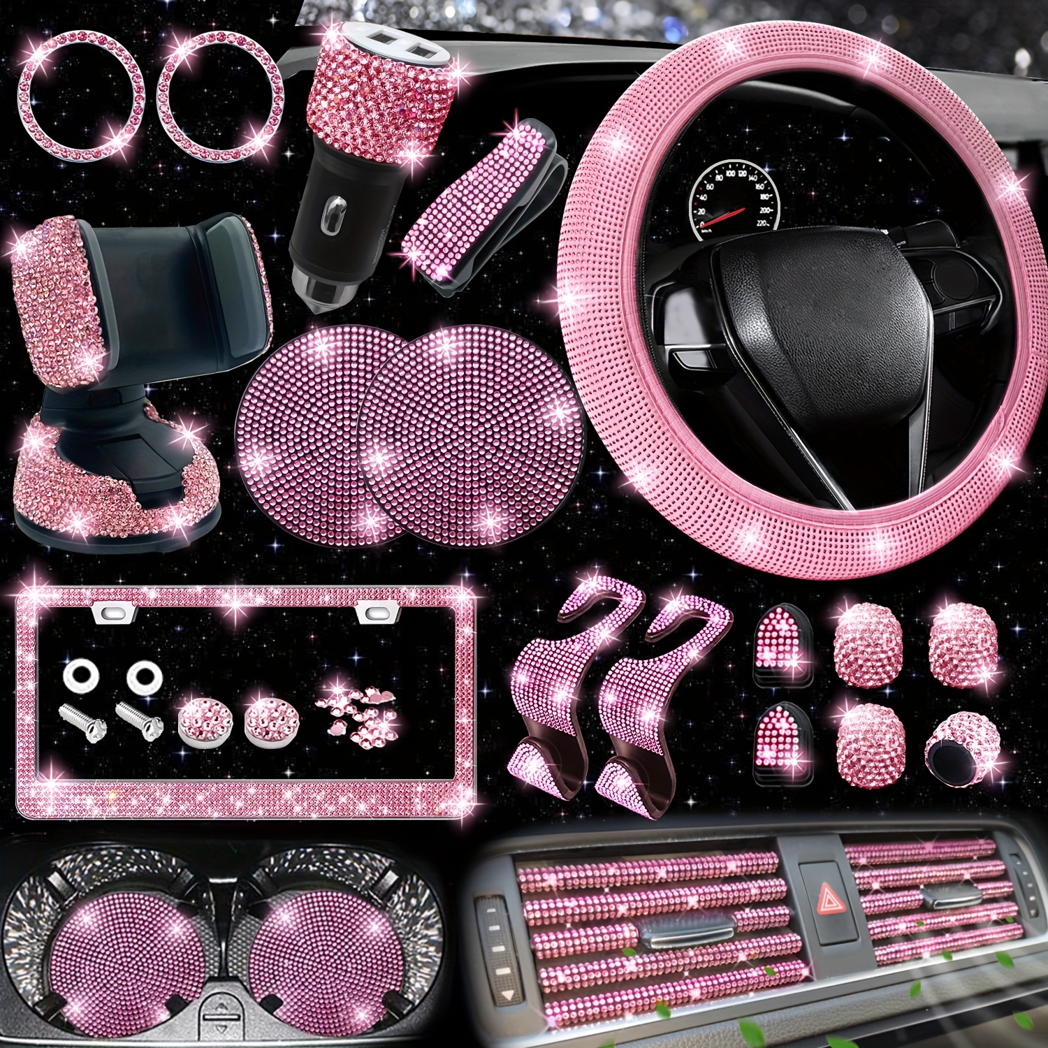 New Bling Car Accessories Set For Women Steering Wheel Cover License Plate  Frame Car Vent Decor Phone Holder Hook USB Charger From 17,44 €