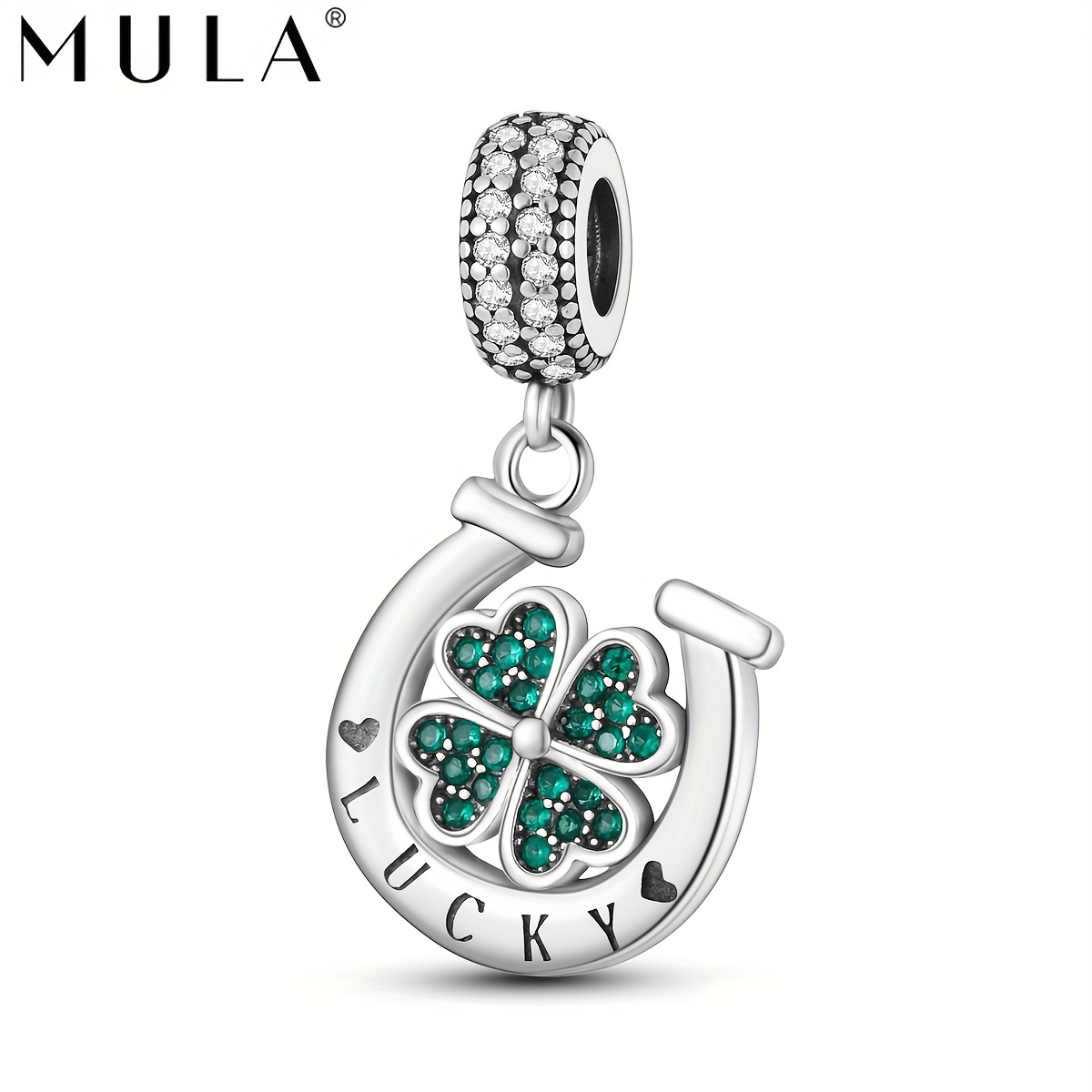 

Mula Brand Lucky Clover Horseshoe Charm With Shimmering Cubic Zirconia, 925 Silver Plated Copper, Fits Bracelet Jewelry