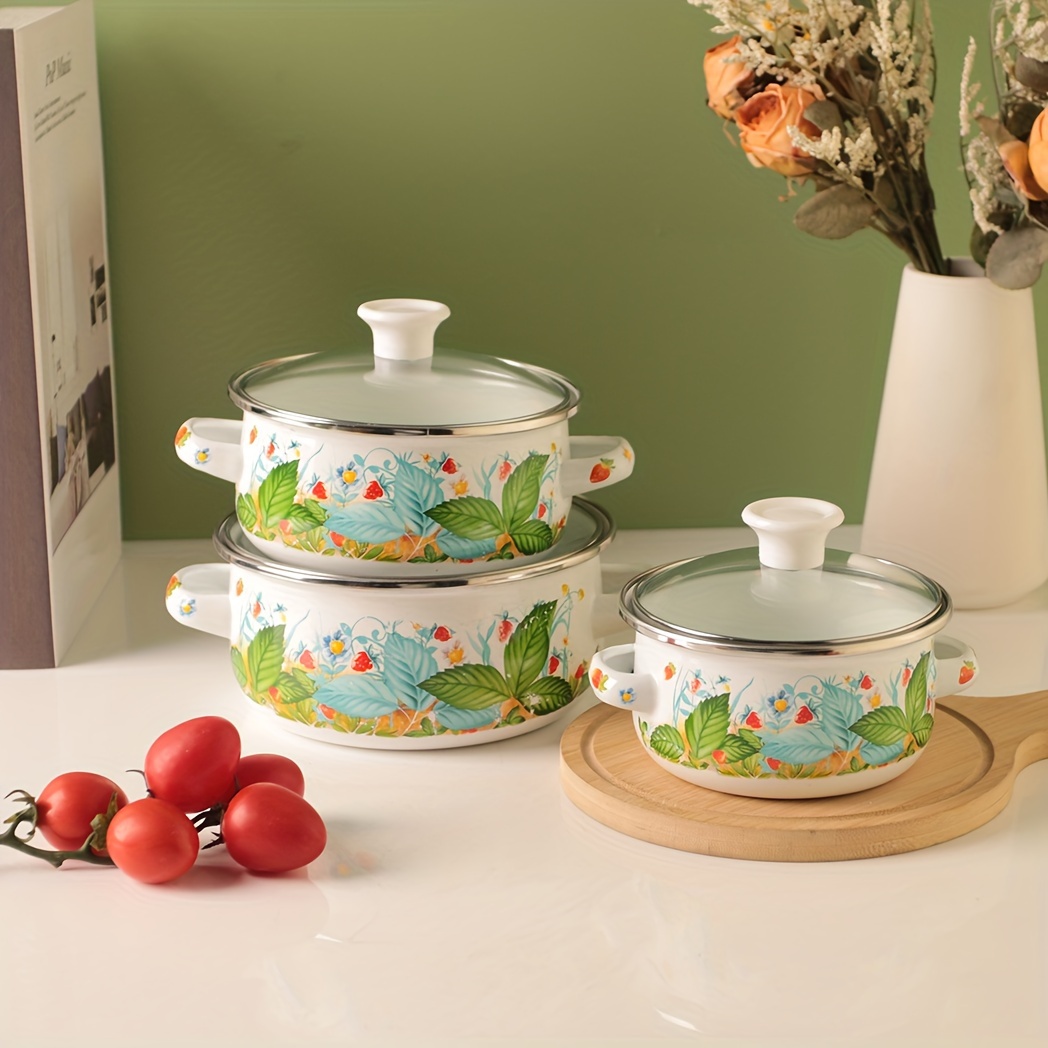 3pcs/set 12-14-16cm Enamel Pot With Glass Cover, Mini Pot, Full Flower  Multi-purpose Soup Pot