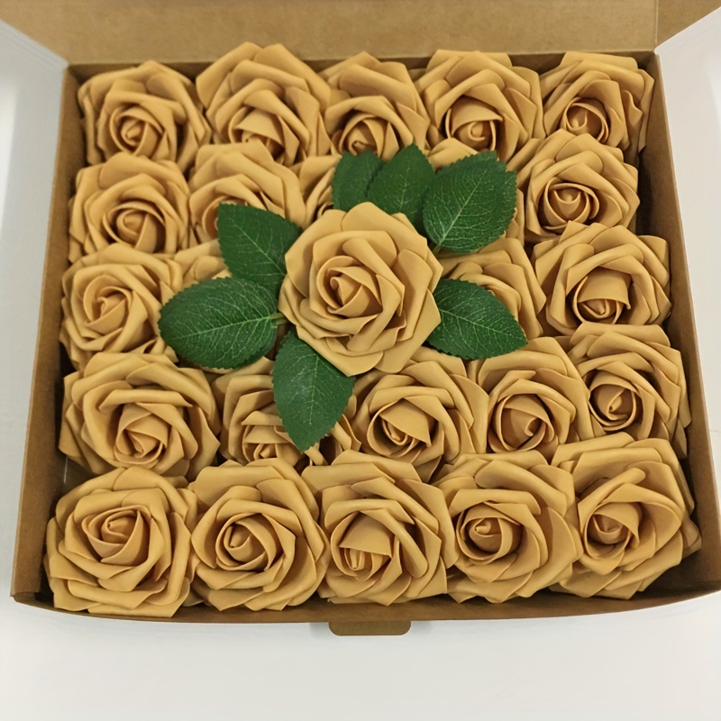 

25pcs Golden Artificial Roses, Used For Diy Wedding Bouquet Boutique, As Gifts For Engagement Bachelor Birthday Anniversary Parties