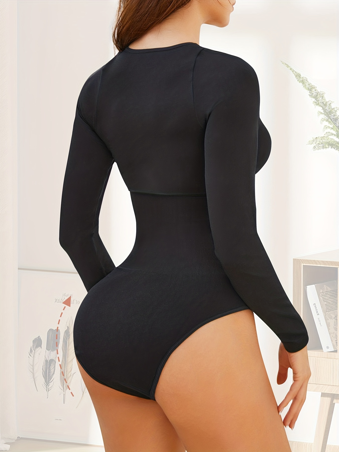 Women's Shapewear Bodysuit Tummy Control Thong Body Shaper, Long Sleeve  Body Suit Deep V Neck (Color : White, Size : X-Large)