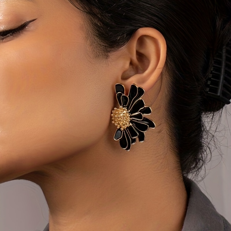 Green Flower Enamel Stud Earrings, 18K Plated