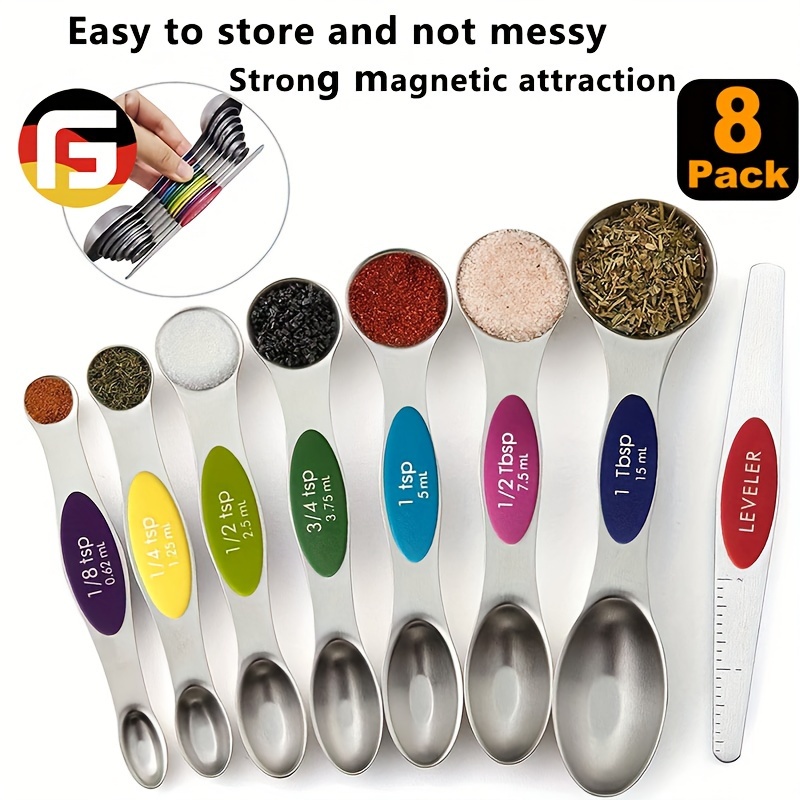 9pack Magnetic Measuring Spoon Set Stainless Steel Measuring Spoons Stackable Double-Sided Teaspoons Metal Accurate Measuring Spoons for Home Kitchen