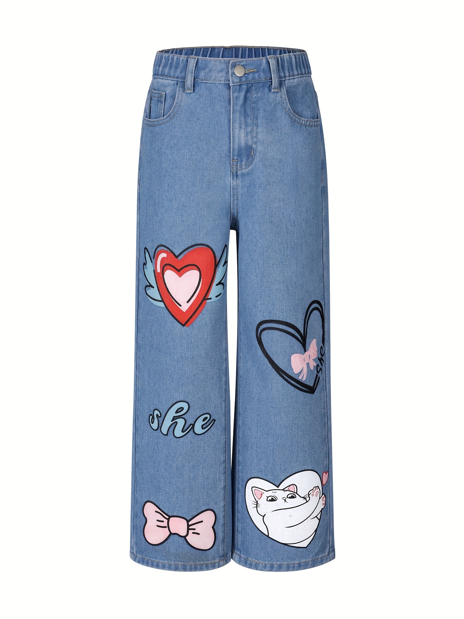 Cute Heart Patched Girls Long Flared Denim Jeans, Girls Trendy Pants For  All Seasons