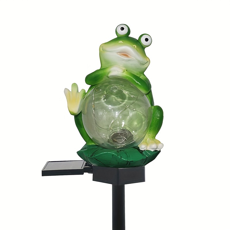 Solar Led Ground Plug in Light Frog Holding Transparent Ball