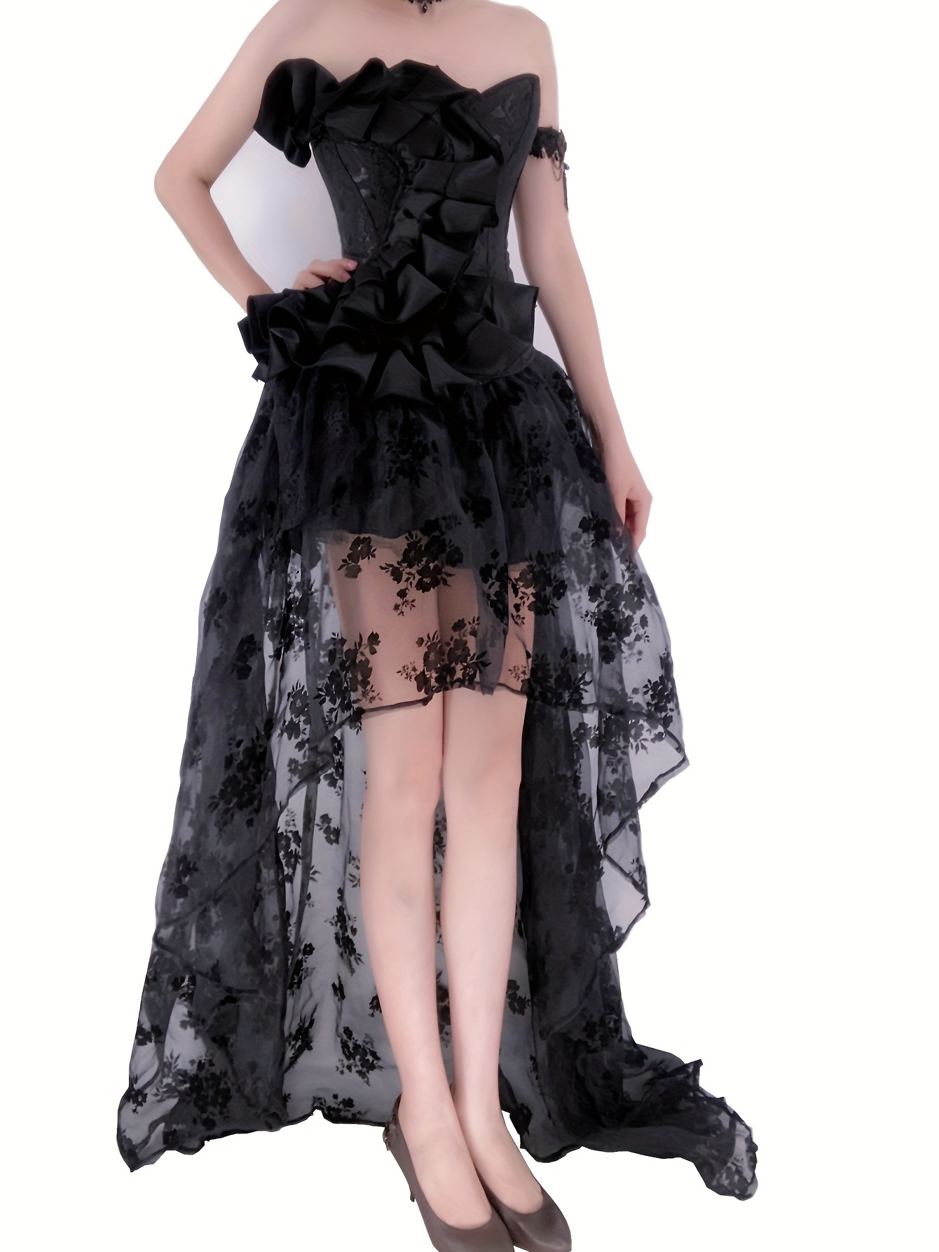 Goth Floral Lace Body Shaper Set, Ruffle Jacquard Lace Up Strapless Corset  & Mesh Skirt, Women's Lingerie & Shapewear