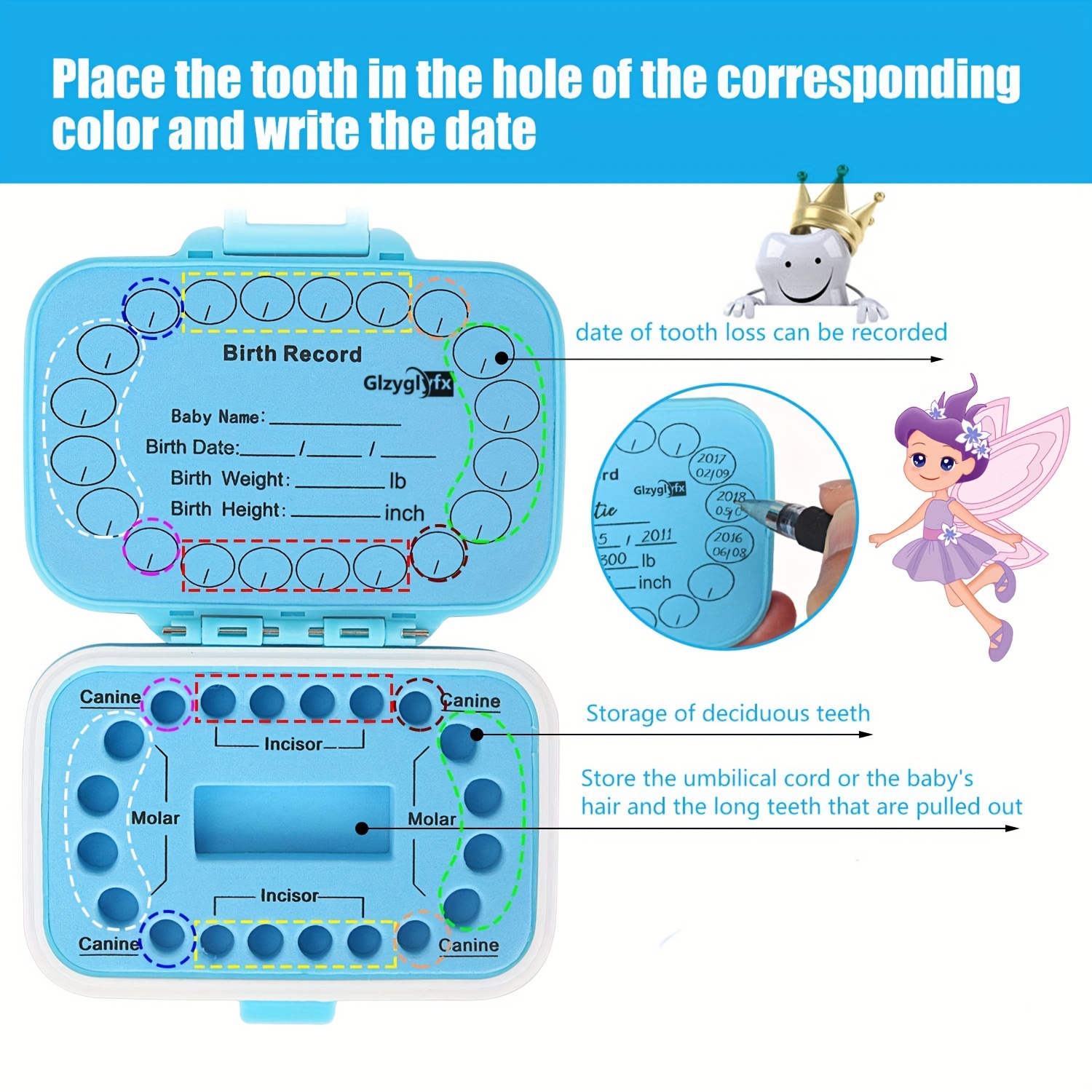 Caja de hada de los dientes para bebé, caja de del primer diente para niños,  soporte de madera para dientes y Oveja azul Zulema organizador de dientes  de leche
