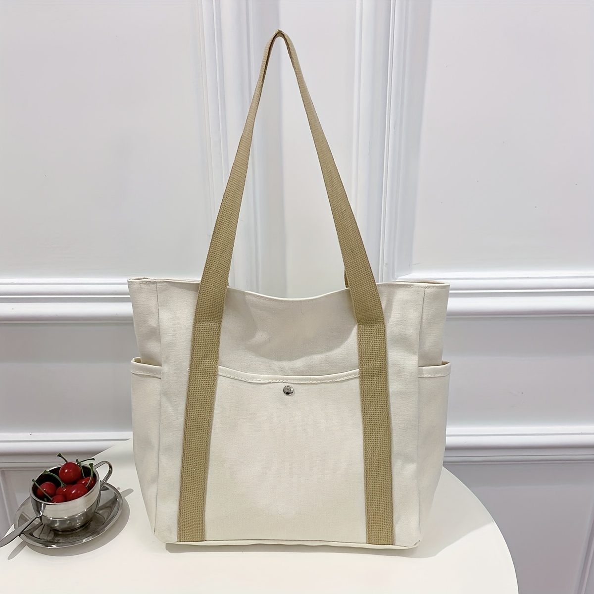 Large Capacity Canvas Tote Bag, Solid Color Simple Shoulder Bag, Women's  Casual Handbag & Shopping Bag
