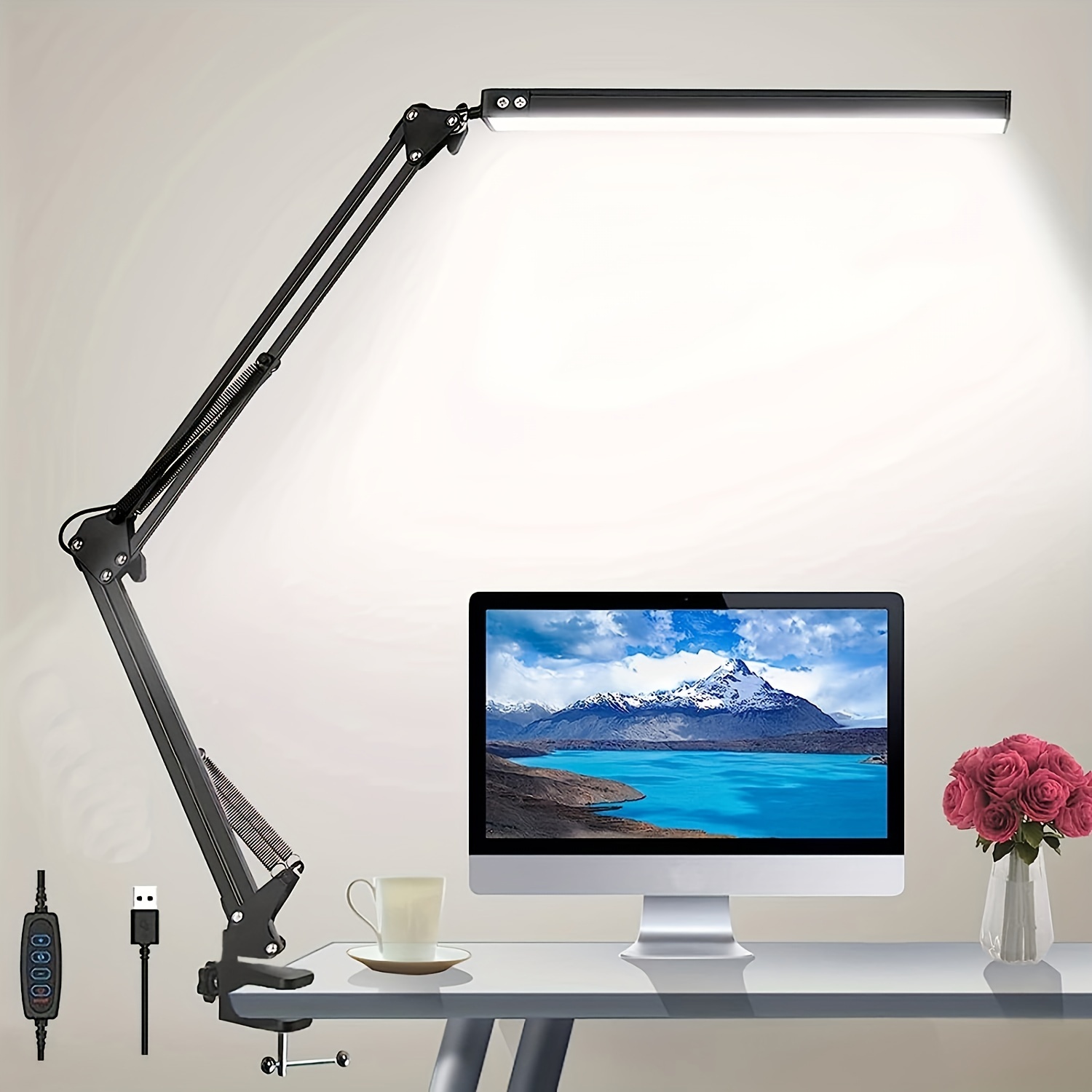 1pc led desk lamp with 3 lighting modes eye caring metal swing arm desk lamp with clamp 10 brightness dimmable clamp desk light with memory function table desk lamps for dorms studios reading