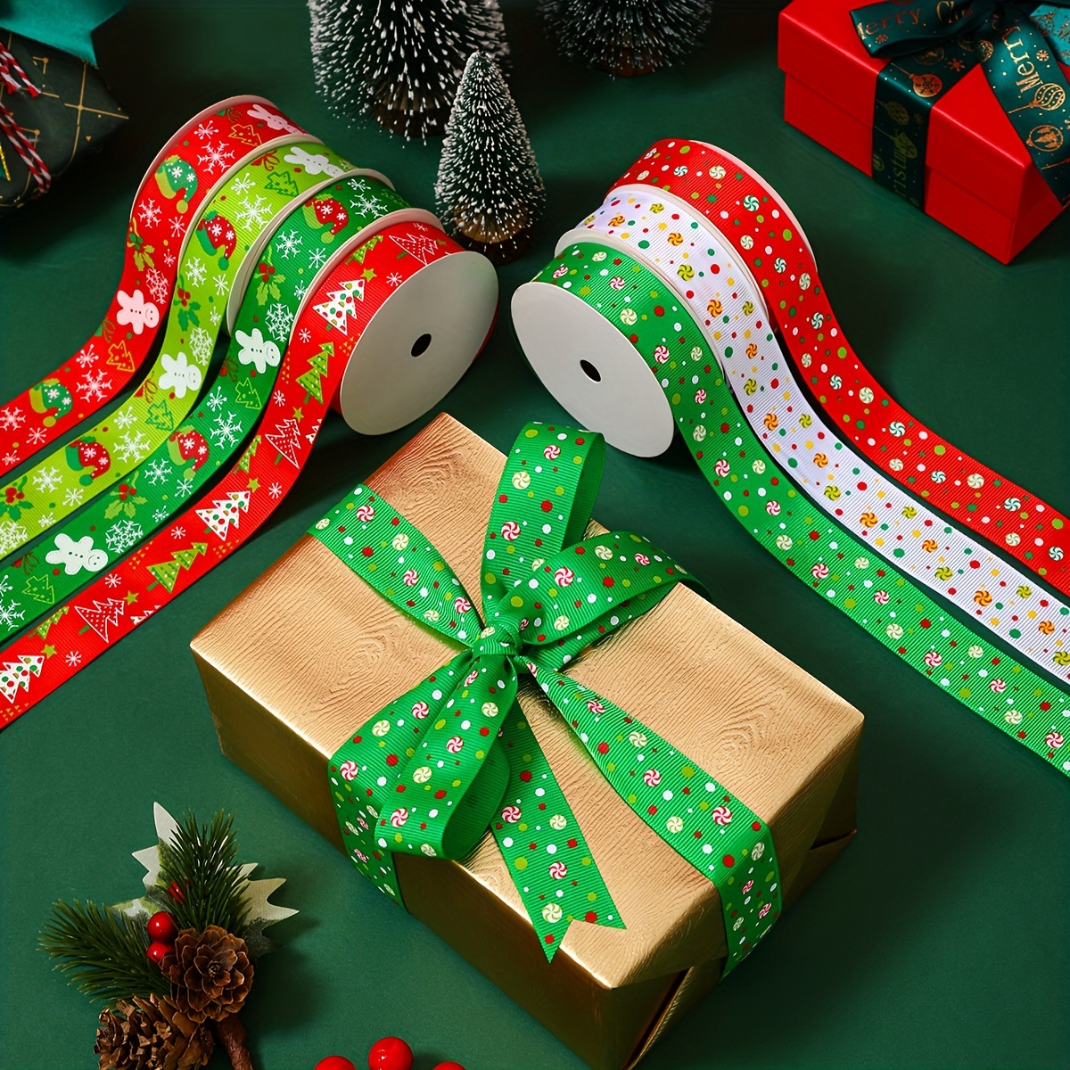 Danceemangoos Gift Ribbons 4pcs Merry Christmas Printing Ribbon Burlap Curling Gift Ribbon for Gift Wrapping and Holiday Decorations Nativity Decor