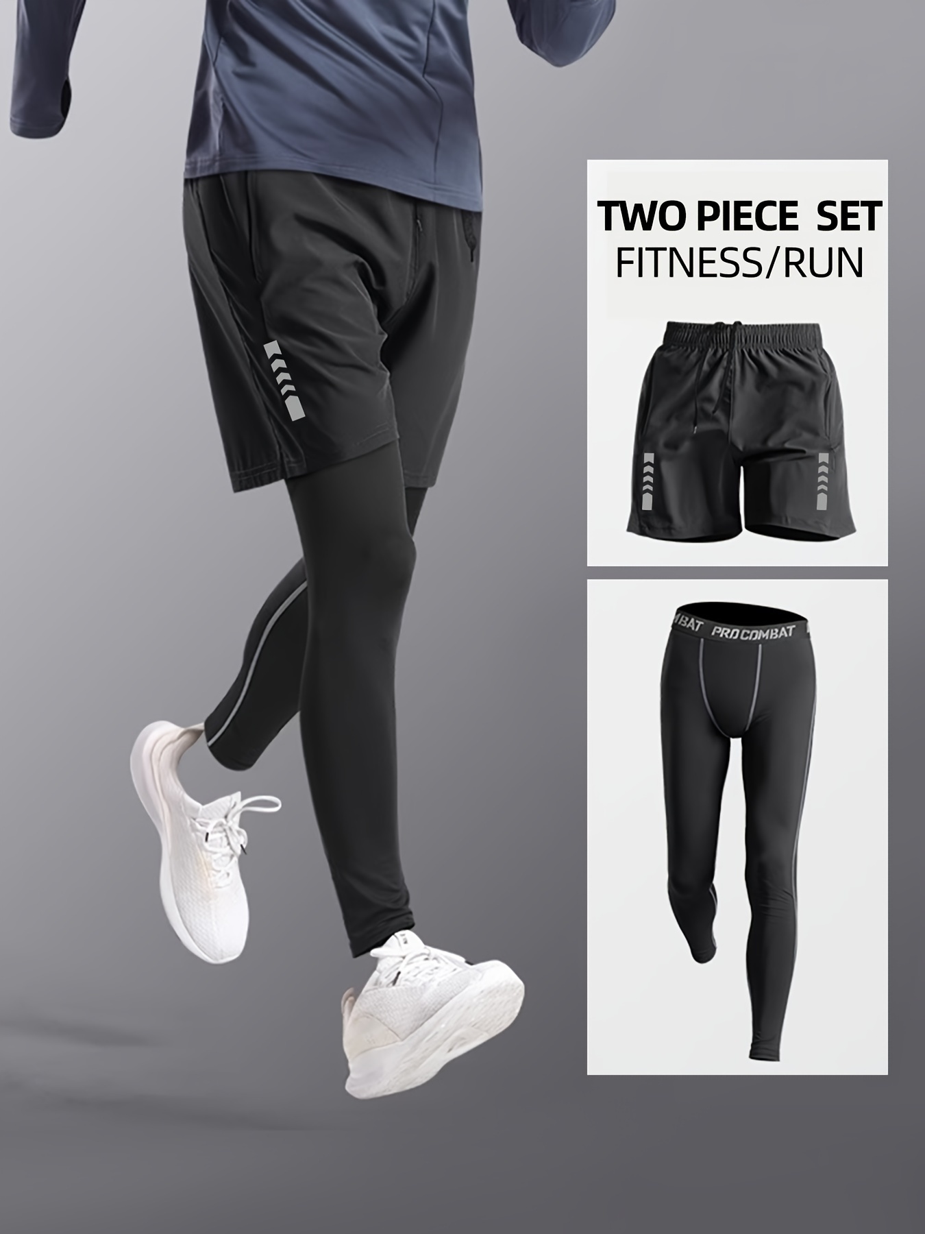 Men's 2 in 1 Running Pants Shorts with Pockets Gym Short Compression Tights  Training Sweatpants Workout Leggings