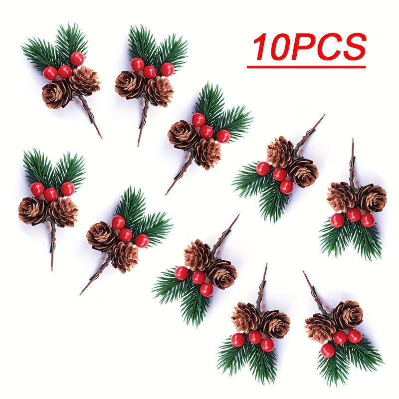 10Pcs Red Berry Stems Pine Branches Mini Artificial Pine Cone