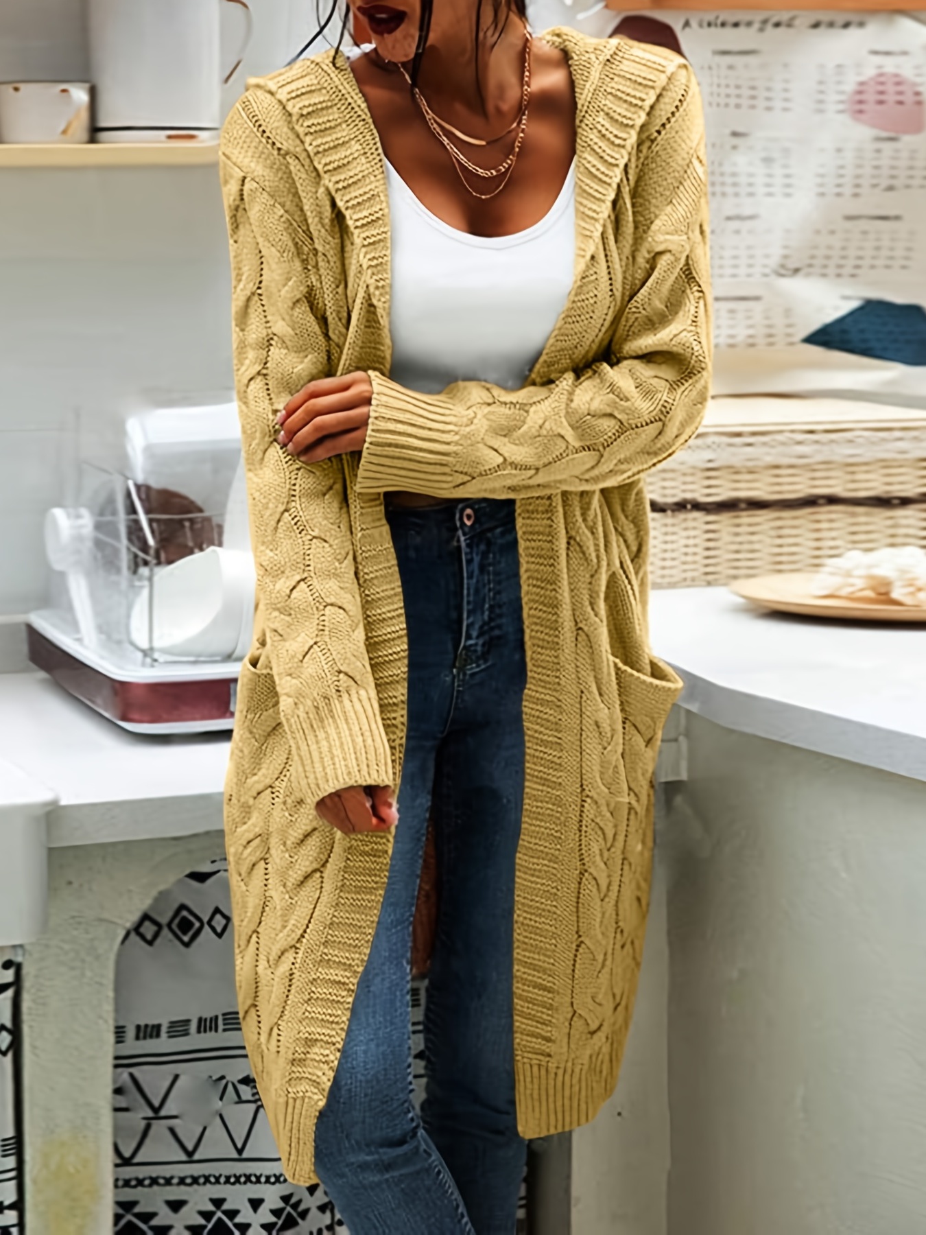 Hooded Temu Thick Long Women\'s Sweater Saudi Pocket Knit Arabia Solid Twist -