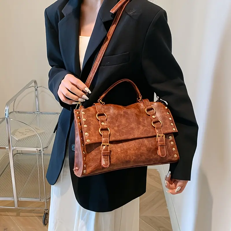 retro rivet decor handbag literary pu leather crossbody bag simple large capacity briefcase bag details 5