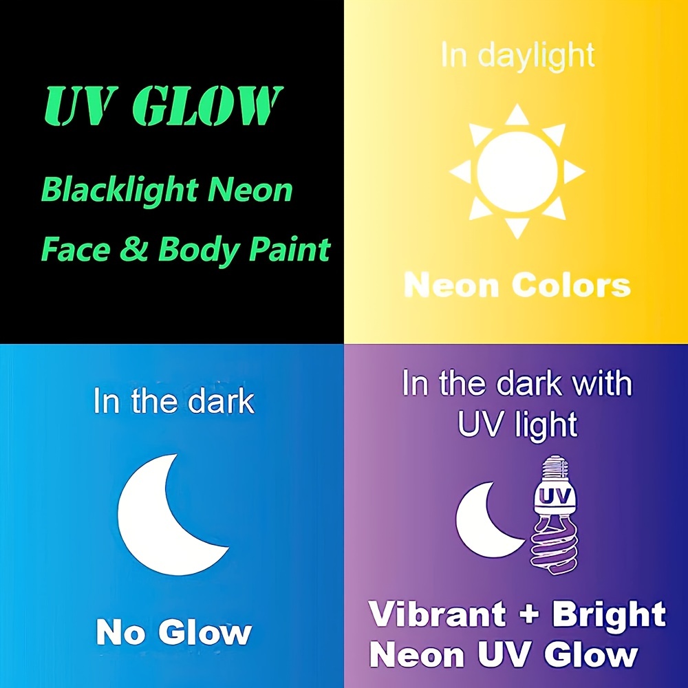 UV Body Paint Neon Glow Kit set of 8 Bottles 2 Oz. Each Blacklight Reactive  Fluorescent Paint Safe on Skin, Washable, Non-toxic 
