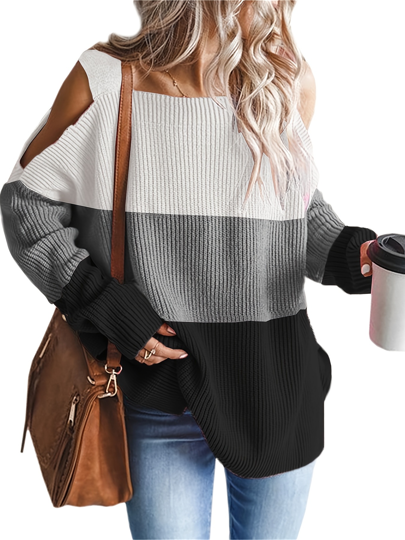 Color Block Cami Knit Sweater, Casual Long Sleeve Cold Shoulder