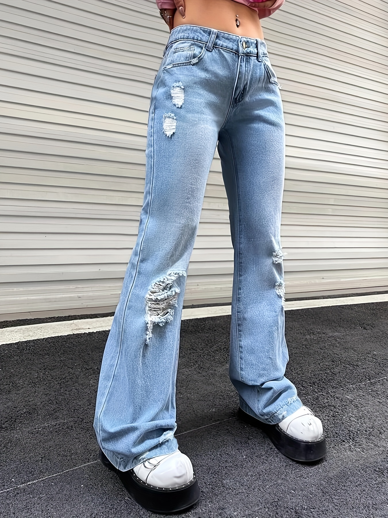 Blue Ripped Holes Skinny Jeans, Slim Fit Distressed Slight Stretch Slant  Pockets Tight Jeans, Women's Denim Jeans & Clothing