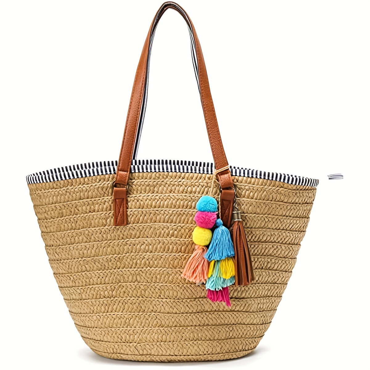 Straw Beach Shoulder Bag Summer Beach Tote with Colorful Pom Pom