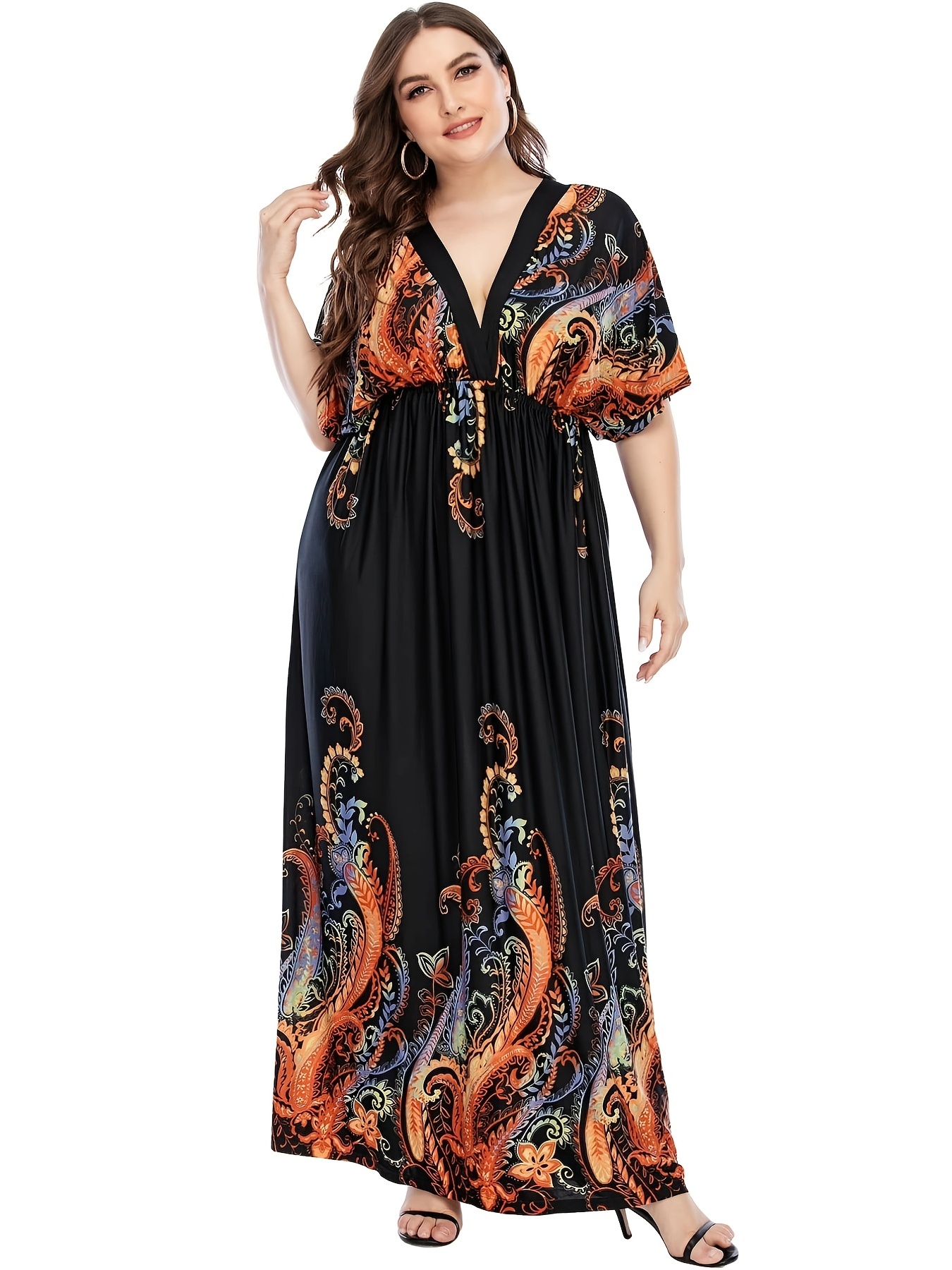Plus Size Ruched Front Fashion Print Loose Fit Maxi Dress - Temu