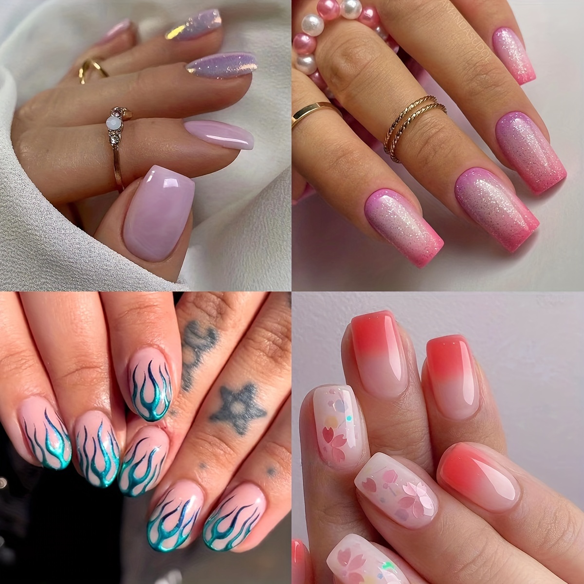 Glitter Press Nails Mixed Gradient Fake Nails Flower - Temu