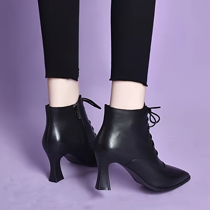 Women's Solid Color Block Heeled Boots, Elegant Lace Up Short Boots,  Stylish Side Zipper Ankle Boots