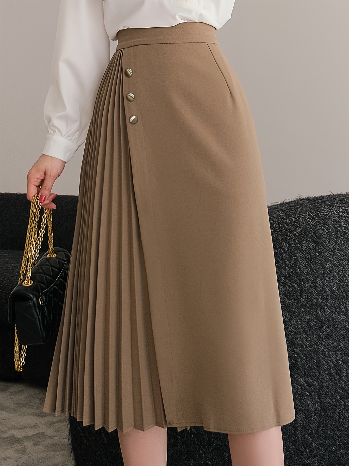 Falda Plisada Cintura Alta Sólida Elegante Falda Maxi - Temu
