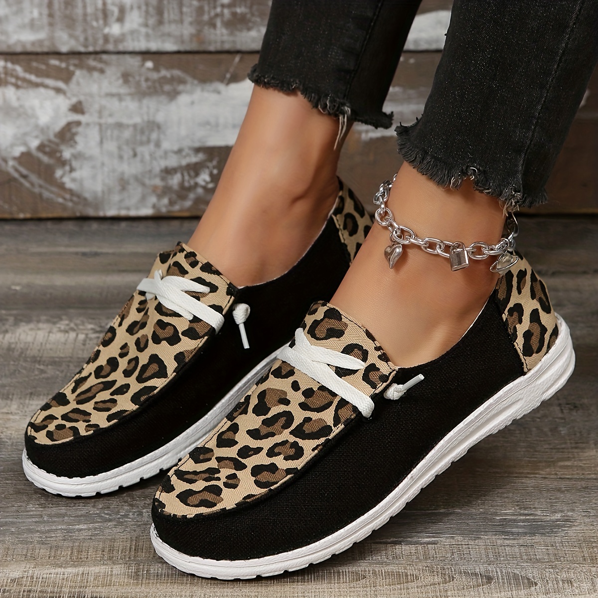 Women's Leopard Printed Canvas Shoes Casual Round Toe Lace - Temu