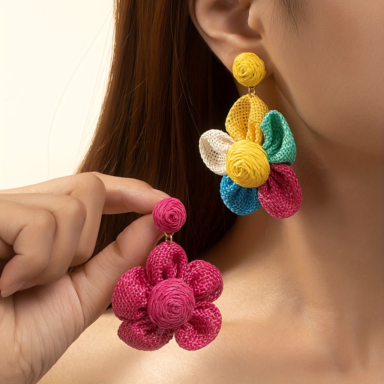 

1 Pair Trendy Flower Dangle Earrings, Colorful Braided Vibrant Color Drop Earrings, Vacation And Beach Party Wearing